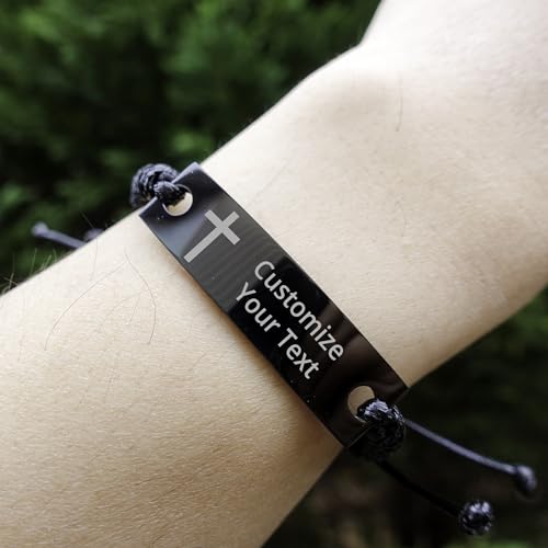 Personalized Christian Bible Verses Black Rope Bracelet Inspirational Scripture ID Cross Religious Quote Faith God Engraved Adjustable Customized Gifts for Men Women Kiss Him Husband Father Bois - style: Personalized (Cross+Text)