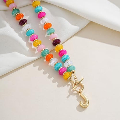 NIKOLUX Colorful Initial Necklaces for Women Chunky Resin Beaded Toggle Necklace 14K Gold Plated A-Z Bubble Letter Pendant Necklace Trendy Summer Beach Handmade Jewelry Gift - color: Colorful-J