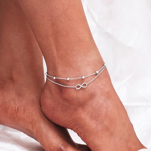CHIC & ARTSY 925 Sterling Silver Ankle Bracelets for Women, Adjustable Layered Foot Chains with Nature & Symbol Charms, Lightweight Comfort Fit Boho Beach Everyday Jewelry - color: Infinity/silver