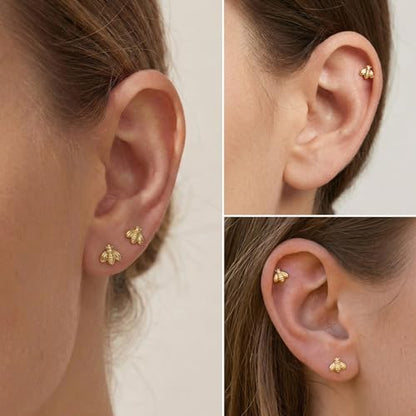 Flat Back Earrings for Women Cartilage Helix | Comfortable Dainty Cute Dragon Bee Bird Phoenix Dragonfly Cute Animal Leaf Spiral Rhombus Design Flatback Stud Earrings - color: Gold Bee