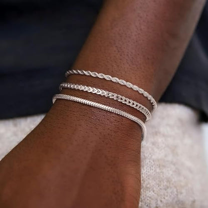 3 Pcs Stackable Braclet for Men, Dainty Silver Plated Chain Bracelet for Men Non Tanish Simple Cuban Snake Rope Link Chain Bracelet Set for Mens Jewelry 6.5/7/7.5/8/8.5/9 Inches - style: 8.5 IN