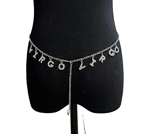 Women Sexy Rhinestone Waist Body Chain Crytal Sexy Letter Pendant Belly Waist Chain T-string Thong Body Jewelry - color: Virgo Letter