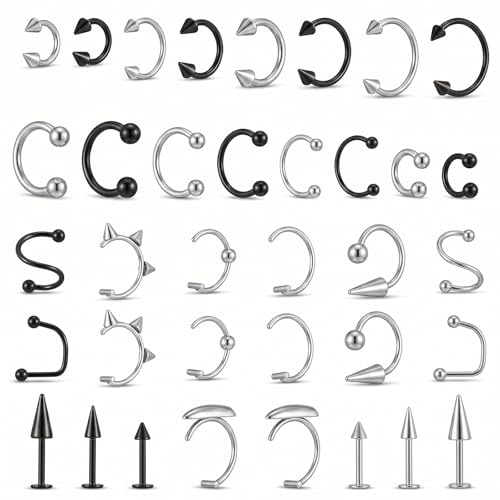 36Pcs Stainless Steel Lip Rings, Snake Bite Piercing Labret Jewelry | Women Men, Horseshoe Labret Jewelry, Lip Barbell Ring, Lips Piercing Jewelrys, Lip-Piercing Jewelries