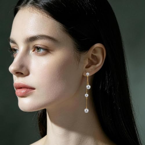 Long Chain Pearl Dangle Earrings for Women | 4Pcs Pearls, 14K Gold Plated, Dainty Tassel Drop, Lightweight Pearl Dangly Earring, Wedding Jewelry Gifts - color: Gold-Round