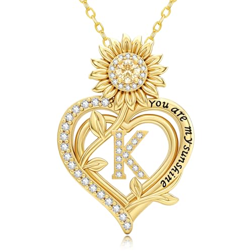 14K Gold Sunflower Initial Necklaces for Women | Heart Letter Pendant You Are My Sunshine Jewelry Gifts - style: K