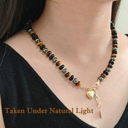 Boho Gemstone Beaded Necklace for Women – Colorful Natural Stone Choker 18K Solid Heart-Shaped Pendant, Summer Beach Jewelry - color: Triple Protection