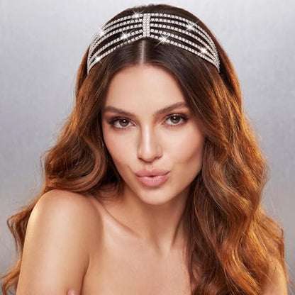 BARTOSI Rhinestone Head Chain Silver Bridal Headpiece Accessories Women | Forehead Wedding Headband Elastic Crystal Hair Band Sparkly Prom Hair Jewelry - color: A-Silver