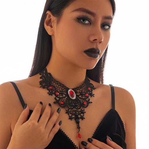Black Lace Choker Necklace for Women Halloween Gothic Vampire Red Crystal Necklaces Steampunk Cosplay Costume Party Necklace Halloween Jewelry - color: Red