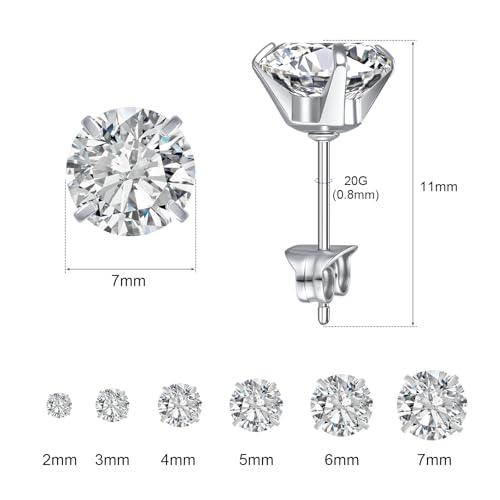 6 Pairs Stud Earrings for Women, 14K Gold Plated Hypoallergenic 316L Surgical Stainless Steel Earrings Studs Sets Cubic Zirconia Cartilage Earrings - color: Silver- 6 Pairs- 2 3 4 5 6 7mm