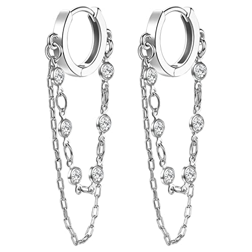 Tassel Chain Small Gold Hoop Dangle Earring For Women Huggie Earring Heart Star CZ 14K Gold Plated Fashion Jewelry Graduation Gift for Her Mothers Day Gifts for Mom - color: Circle-Silver