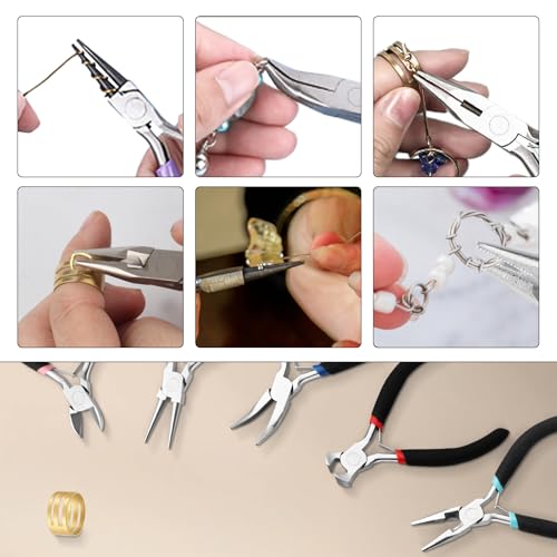 5 Pcs Jewelry Making Pliers Tools with Needle/Chain Nose Pliers, wire cutters Round Nose, Bent Nose-Matte Handle,jewelry making supplies for adults - style: 5pcs - Black