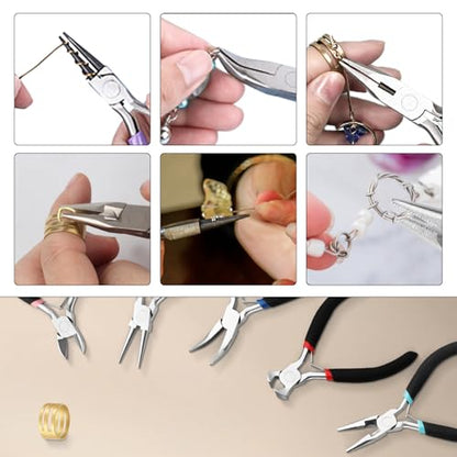 5 Pcs Jewelry Making Pliers Tools with Needle/Chain Nose Pliers, wire cutters Round Nose, Bent Nose-Matte Handle,jewelry making supplies for adults - style: 5pcs - Black