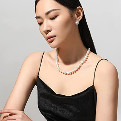 8mm 10mm Faux Pearl Necklace Earrings Set for Women White Black Round Glass Pearl Wedding Jewelry Gifts - color: Sun White Pearl-Ear Clips Set, size: 8mm