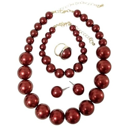 Chunky Beaded Jewelry Set, Necklace Earrings Bracelet Ring for Women Party | Simulated pearl jewelry set, necklace earrings bracelet & ring. Elegant chunky beaded, ideal gift for wedding and daily wear. - color: Dark Red