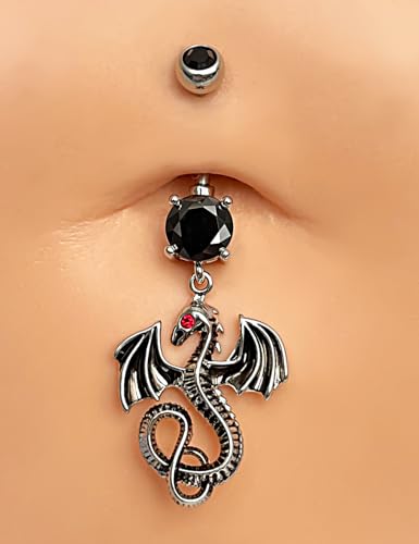 Belly Button Ring Dangle, Cross Belly Button Ring, Navel Piercing | 316L Surgical Steel, AAA+ Cubic Zirconia, Nickel-Free, Hypoallergenic, Multi-Style, 14 Gauge 10 mm Screw On Piercing Stud - style: Black Dragon