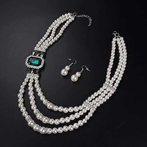 Aimimier 1920s 3-layered White Faux Pearl Necklace and Earrings Set with Crystal and Rhinestone Bridal Long Pearl Necklace Statement Women Jewelry - color: Emerald