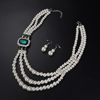 Aimimier 1920s 3-layered White Faux Pearl Necklace and Earrings Set with Crystal and Rhinestone Bridal Long Pearl Necklace Statement Women Jewelry - color: Emerald