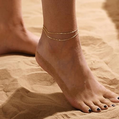 Dainty Simple Chain Anklet for Women 18k Gold/Silver Plated Summer Beach Beaded Evil Eye Moon Figaro Butterfly Satellite Cuban Pearl Flat Marina Anklet Gift - color: square dot-GD