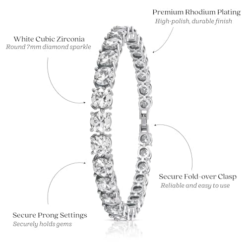 KEZEF Tennis Bracelet for Women, 7mm Round CZ, Silver Plated Brass, 6.5–8 Inch, Fold-Over Clasp - color: White CZ, size: 8 Inch