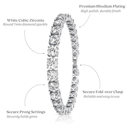 KEZEF Tennis Bracelet for Women, 7mm Round CZ, Silver Plated Brass, 6.5–8 Inch, Fold-Over Clasp - color: White CZ, size: 8 Inch
