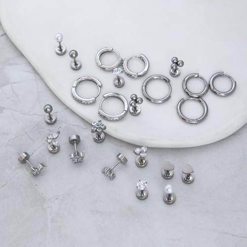 Stainless Steel Stud Earrings Set for Women Hypoallergenic Flat Back Cartilage Earrings Screw Back Huggie Hoop Earrings Multiple Piercing Cubic Zirconia Helix Tragus Jewelry - color: Set-B-Silver