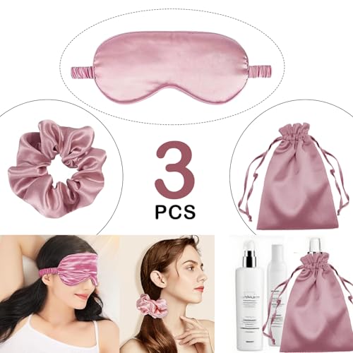 3Pcs Satin Eye Mask Silk Sleep Masks Set Silky Blindfold Eyeshade Blackout Eyes Cover Pouches Bag Scrunchy Wedding Gift - color: Dusty Rose