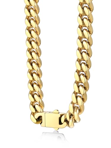 Bestyle Thick Stainless Steel Mens Cuban Link Chain, Black/Gold Chain for Men, No Tarnish & Durable Men Chain Necklace, 5/7/9/12mm Wide, 18"-30" Long, Gift Package - style: b. 9mm-Gold