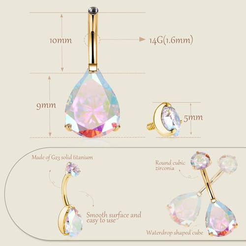 AROWRO Gold Belly Button Ring G23 Titanium Hypoallergenic 14G belly ring for Women Men Teardrop Navel Piercing Jewelry 10mm Barbell With Cubic Zircon - color: Gold+Teardrop AB CZ