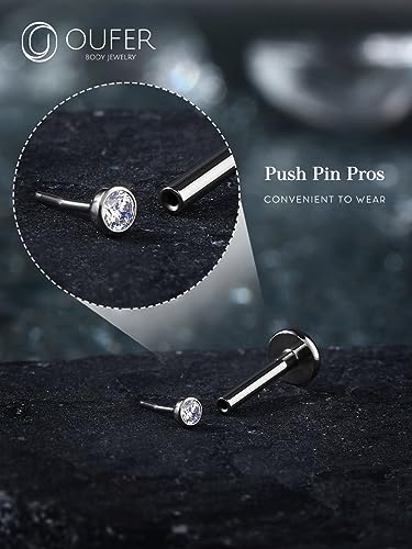 OUFER 2Pcs 20G/18G/16G G23 Titanium Threadless Nose Stud Earrings Flat Back Tiny CZ Small Nose Helix Cartilage Tragus Conch Labret Medusa Monroe Piercing Jewelry for Women Men - color: Silver, size: 2pcs, 16g 5mm, 2mm cz