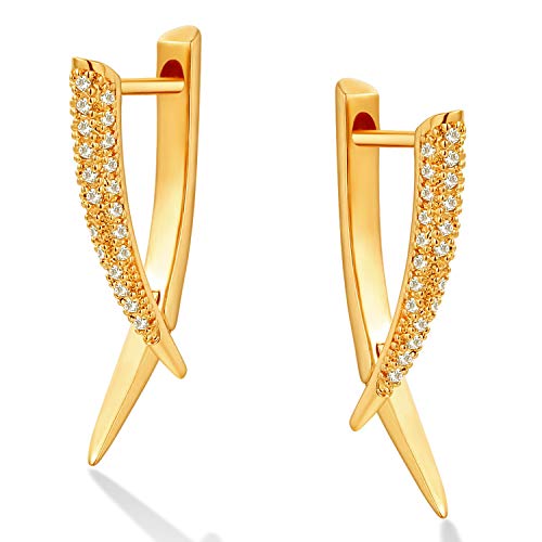 Dremmy Studios Dainty CZ Huggie Hoop Earrings 14K Gold Plated Chunky Simple Cute Thick Round Frill Bead Ball Starburst Cuff Earrings Cubic Zirconia Hoop Earrings Minimalist Personalized Gift for Her - color: Fangs