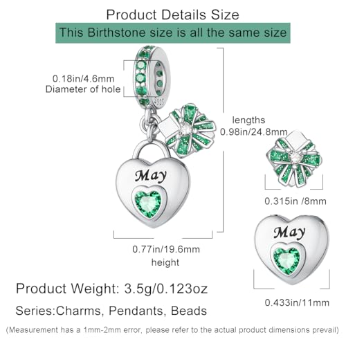 HappyStar 925 Sterling Silver Happy Birthday Bead Charm Love Heart Shape Birthstone Charms for Bracelets Dangle Pendant with 5A Cubic Zirconia Compatible Pandora Bracelets Jewelry Gift for Women - color: 5-May Birthstone Charms