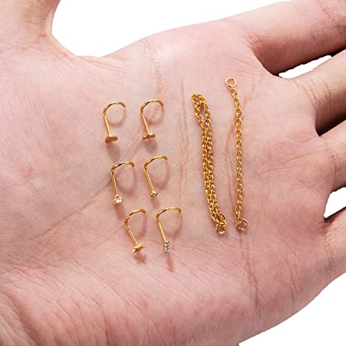 20G Stainlesss Steel Nose Rings Stud Nose Chain Piercing Across Double Nose Stud Womens Nostril Piercing Jewelry - color: Screw Shaped Gold