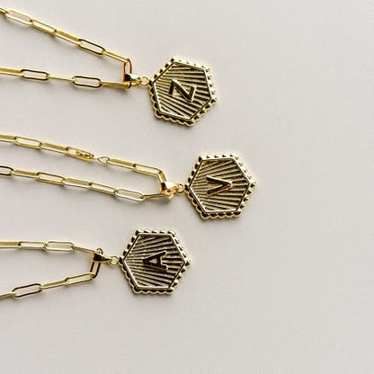 Layered Initial Necklace for Women | Gold Plated Paperclip Chain with Sunburst Hexagon Letter Pendant | Double Layer Alphabet Necklace | Personalized Minimalist Jewelry Gift - color: U