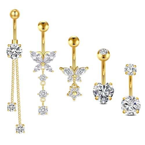 Incaton 14G Cute Heart Stainless Steel Belly Button Rings Belly Piercing Jewelry Diamond Belly Rings for Women Navel Piercing Jewelry - color: 5pcs Gold 2
