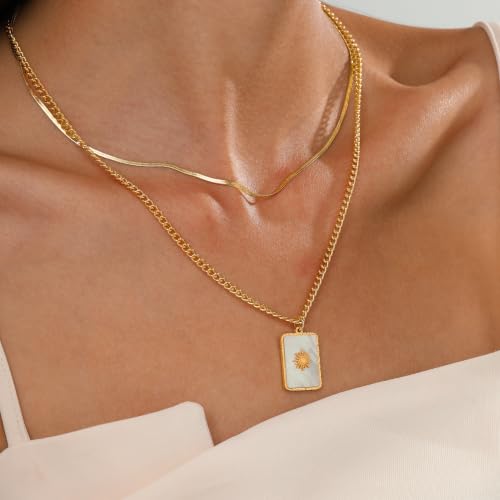 CTRLZTEAM Layered Necklaces for Women Gold Silver Snake Chain Pendant - style: Double Layer Square Shell Necklace - Gold