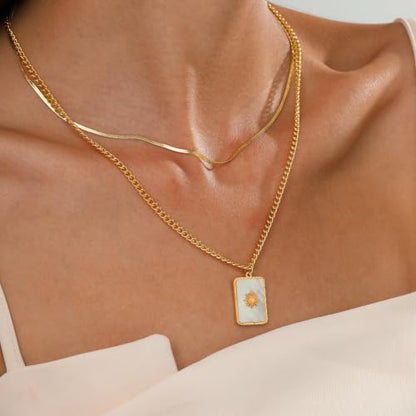 CTRLZTEAM Layered Necklaces for Women Gold Silver Snake Chain Pendant - style: Double Layer Square Shell Necklace - Gold