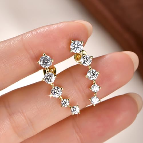 Moissanite Crawler Stud Earrings for Women, 14K Gold Plated Imitation Diamond 2.4 Carats Earrings Jewelry Valentine Anniversary Day Birthday Gifts for Her - color: Golden