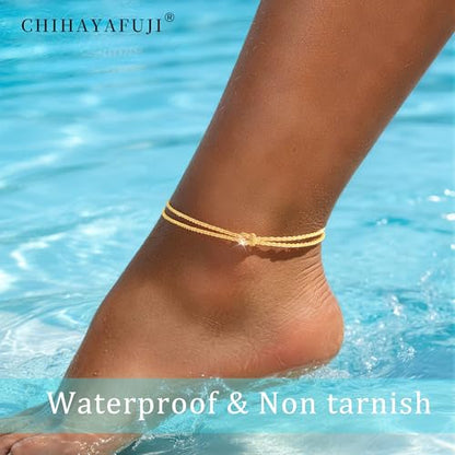 Sterling Silver Ankle Bracelets for Women 14K Gold Waterproof Layered Braided Chain Knot Charm Stackable Adjustable Non Tarnish Nickel Free Anklets Bracelet for Summer Beach Jewelry - color: goldA