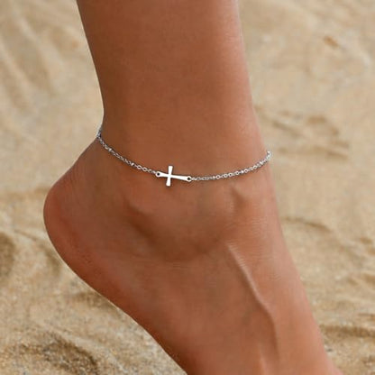 NONAMOIS Ankle Bracelets for Women Dainty 18K Gold Plated Anklet Waterproof Round Beaded Paperclip Herringbone Pearl Chain Anklets Waterproof Beach Foot Jewelry - color: Satellite Cross-White Gold