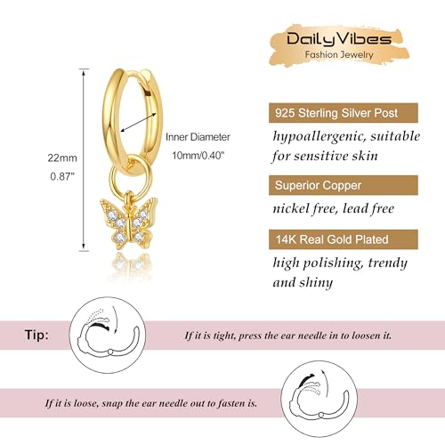 DAILY VIBES Cute Butterfly Star Cross Heart CZ Dangle Earrings for Women | 925 Sterling Silver Post, 14K Gold or Silver Plated, Mini Cubic Zirconia Dainty Drop, Cartilage Small Huggie Hoop Earrings - color: Gold Butterfly CZ