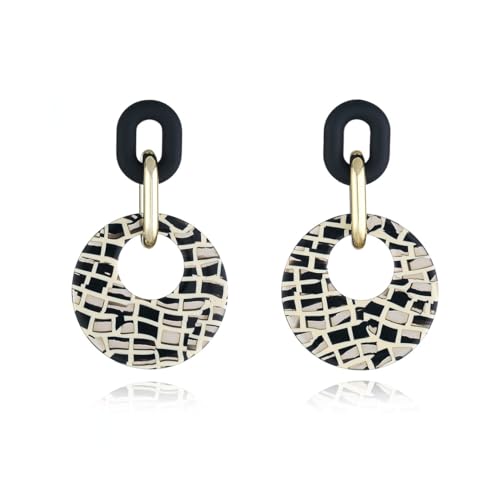 Fashion Round Disc Dangle Earrings for Women Acrylic Black White Plaid Geometric Circle Drop Earrings Chunky Paperclip Chain Link Dangling Earrings Statement Trendy jewelry gift