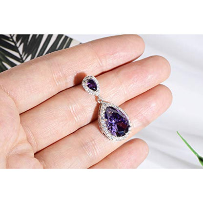 Bridal Jewelry Set for Wedding - 18k Plated Teardrop CZ Crystal Cubic Zirconia Rhinestone Necklace Earrings Set for Bride Bridesmaids Mother of Bride Party Prom Birthstone Costume Jewelry - color: Feb-Amethyst