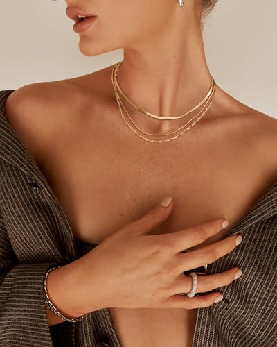 Tewiky Layered Necklaces for Women 14k Gold Plated Chain Necklace Set | Chunky Herringbone/Snake/Rope/Box/Cuban Link Chain for Women, Layering Stack Choker Necklace, Dainty Jewelry Set Non Tarnish - color: 3 Necklace Set Gold