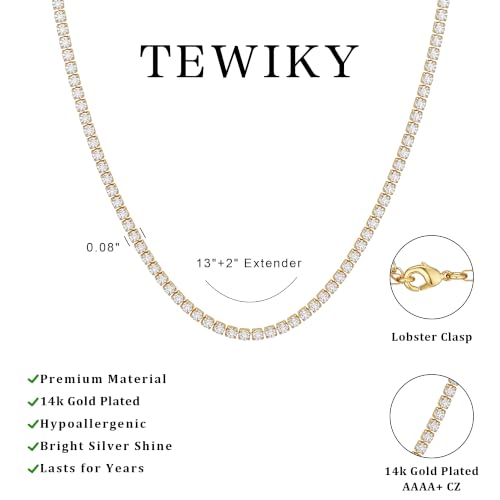 Tewiky Layered Necklaces for Women 14k Gold Plated Chain Necklace Set | Chunky Herringbone/Snake/Rope/Box/Cuban Link Chain for Women, Layering Stack Choker Necklace, Dainty Jewelry Set Non Tarnish - color: Tennis Necklace Gold