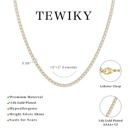 Tewiky Layered Necklaces for Women 14k Gold Plated Chain Necklace Set | Chunky Herringbone/Snake/Rope/Box/Cuban Link Chain for Women, Layering Stack Choker Necklace, Dainty Jewelry Set Non Tarnish - color: Tennis Necklace Gold