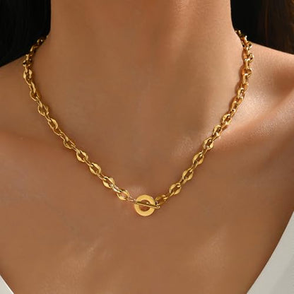 Chunky Gold Necklace for Women, 18K Gold Plated Paperclip, Figaro Link Chain Necklace, Toggle Clasp Necklaces, Trendy Non Tarnish Jewelry, Christmas Gifts - style: 6mm Cable Toggle 16.5''-Gold