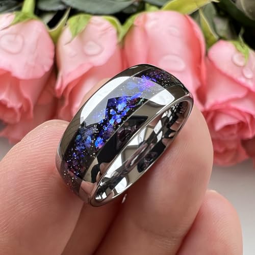 TUTISS 8mm Silver/Black/Gunmetal Tungsten Rings for Men Women Orion Nebula Opal Galaxy Fragment Inlay Fashion Jewelry Engagement Wedding Promise Band Polished Shiny Comfort Fit - color: 8mm Silver Tungsten