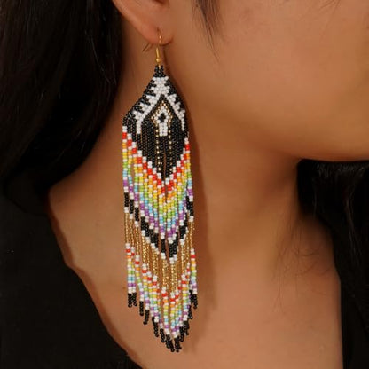 Bohemian Tassel Colorful Beaded Earrings For Women Trendy, Long Fringe Feather Drop Jewelry Handmade Gifts. - color: color7