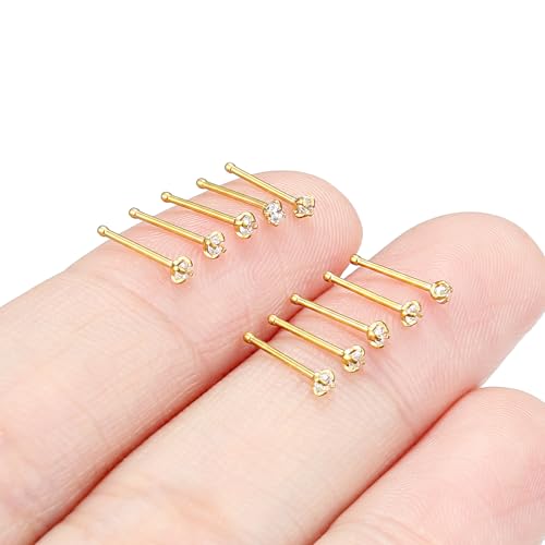 Hoeudjo Nose Studs Surgical Steel Cubic Zirconia Nose Rings Kit for Women Men Tiny Nose Stud Bone & Screw & L Shaped Nostril Piercing Jewelry 24/22/20/18 Gauge 10 Pieces - color: gold-tone,nose bone studs, size: 22g/1.5mm clear CZ