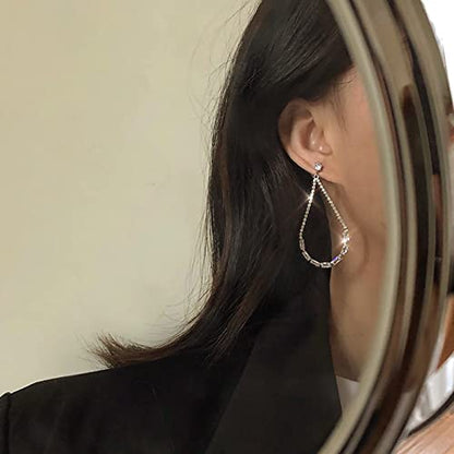 Luxval Rhinestone Earrings Dangling for Women Sparkly Silver Dangle Earrings Girls Long Chandelier Earrings Tassel Lightweight Ear Studs Cubic Zirconia Crystal Statement - color: Silver-Teardrop Earrings